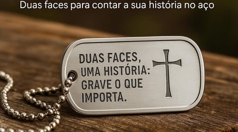 Dog tag personalizada com gravação frente e verso em aço inox, com correntes e silenciador, modelo da DogTagClan.