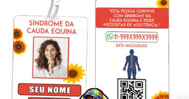 Crachá Síndrome da Cauda Equina com QR Code Inteligente e cordão girassol para identificação médica.