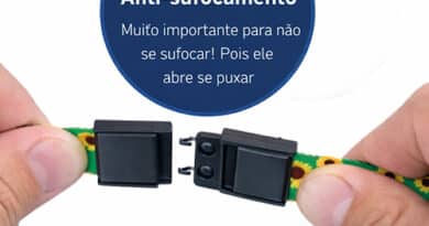 Trava de segurança anti-sufocamento em cordão de crachá, que se abre automaticamente ao puxar, evitando acidentes em adultos e crianças