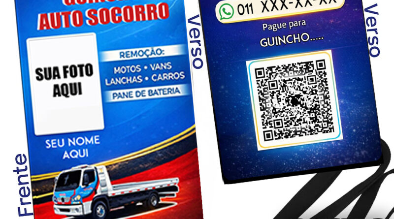 Crachá profissional com QR Code Pix personalizado para guincho, Uber e taxista, com foto, nome, telefone e pagamento rápido
