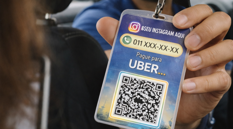 Crachá profissional com QR Code Pix para Uber personalizado com foto, nome, telefone e Instagram para pagamento rápido e identificação segura