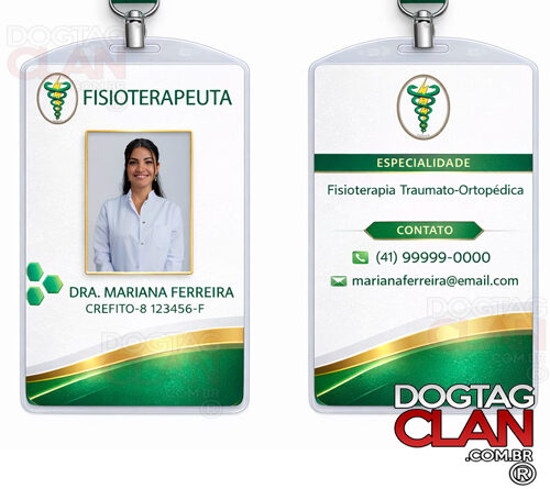 Crachá profissional para fisioterapeuta em PVC personalizado com nome, CREFITO, especialidade e QR Code opcional