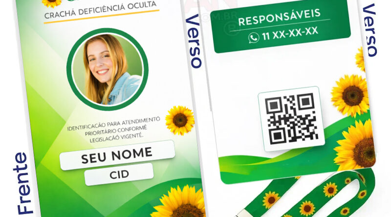 Crachá Girassol com QR Code e cordão com trava anti sufocamento personalizado para identificação de deficiência ocultaCrachá Girassol com QR Code Personalizado
