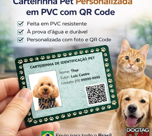 Carteirinha Pet Personalizada em PVC com QR Code para identificação de cachorro e gato