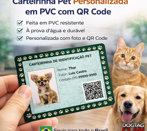 Carteirinha pet personalizada em PVC com QR Code para identificação de cachorro ou gato