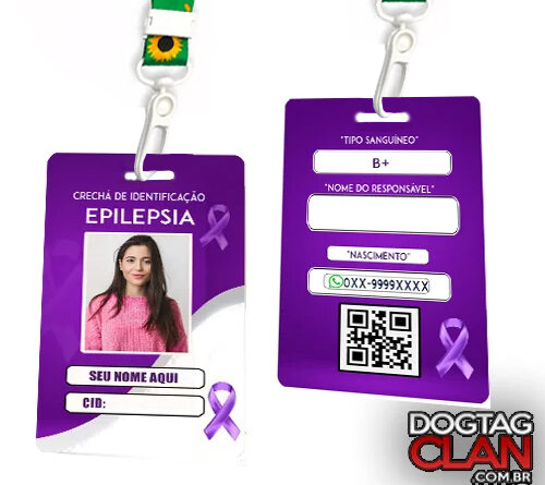 Crachá de identificação para epilepsia com cordão de girassol, personalizado com nome, foto, CID e QR Code para emergência