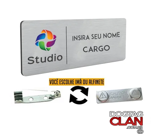 Crachá broche em aço inox personalizado com logomarca, nome e função para uniforme profissional com fixação por ímã ou alfinete
