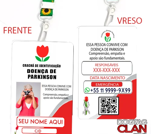 Crachá de identificação para Parkinson com cordão, usado para facilitar a identificação da condição em locais públicos e situações de emergência