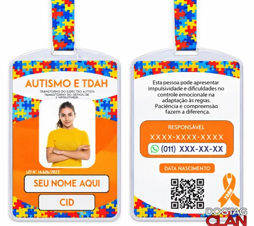 Crachá para Autismo e TDAH personalizado com cordão quebra-cabeça, foto, nome, CID e QR Code informativo