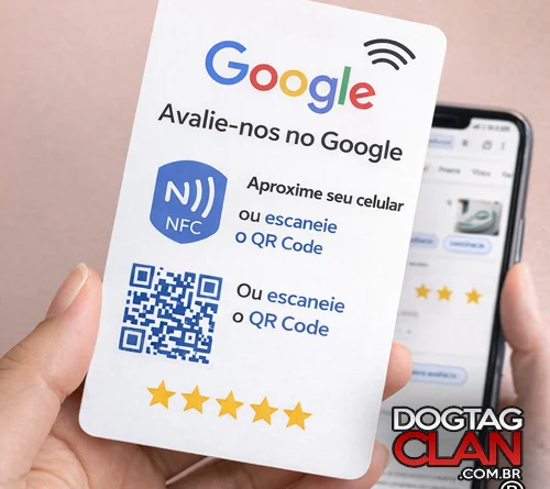 Cartão NFC para avaliação Google personalizado da DogTagClan em PVC com chip Mifare 1K para aproximar o celular e abrir link de avaliação