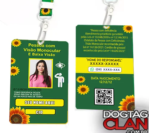 Crachá girassol personalizado com cordão verde de girassóis para identificação de deficiência oculta com nome e contato de emergência