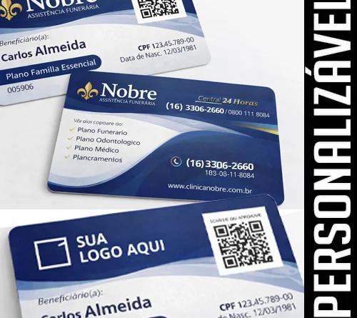 Cartão de assistência personalizado em PVC 0,76mm com QR Code e opção NFC ou RFID para plano assistencial, funerária e cartão fidelidade
