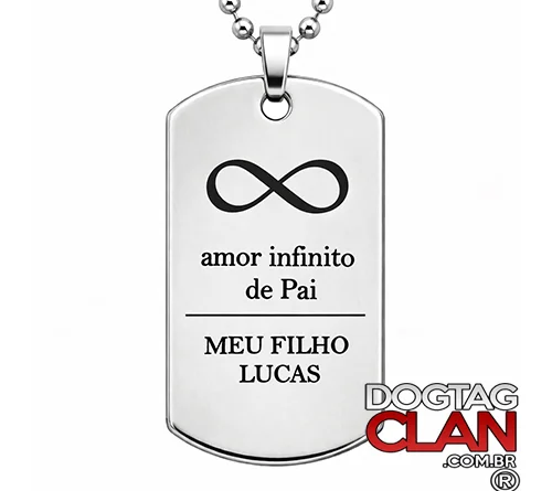 Dog Tag Amor Infinito de Pai personalizada em aço inox com nome do filho gravado e símbolo do infinito