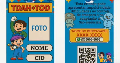 Crachá de identificação escolar personalizado para crianças, ideal para volta às aulas, com nome, foto, QR Code e dados de emergência para segurança na escola.