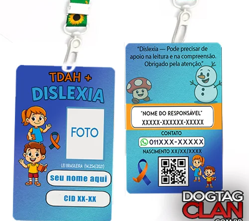 Crachá de identificação escolar infantil personalizado, indicado para crianças na volta às aulas, com nome, foto e dados de emergência para mais segurança na escola.