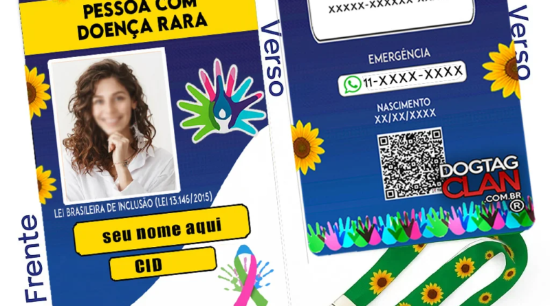 Crachá de identificação para doenças raras personalizado com nome, foto, CID e QR Code, modelo seguro e informativo para emergências e atendimento prioritário.