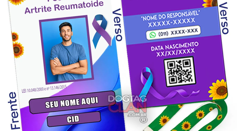 Crachá para Artrite Reumatoide com QR Code para identificação médica, atendimento prioritário e emergências, personalizado com nome, foto e cordão de segurança.
