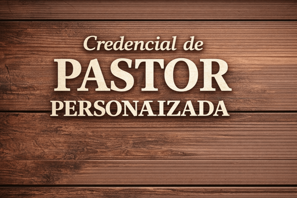 Credencial de pastor personalizada com texto em destaque sobre fundo de madeira representando identificação ministerial profissional