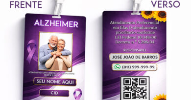 Crachá de identificação para Alzheimer com nome, contato de emergência e QR Code para segurança