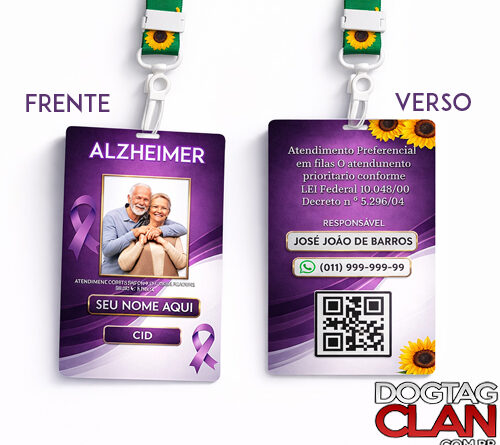 Crachá de identificação para Alzheimer com nome, contato de emergência e QR Code para segurança