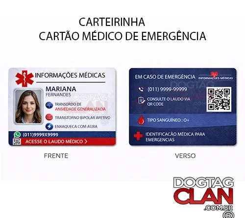 Cartão de Informações Médicas de Emergência para Carteira com nome, condições de saúde, alergias e QR Code personalizado em PVC padrão cartão bancário
