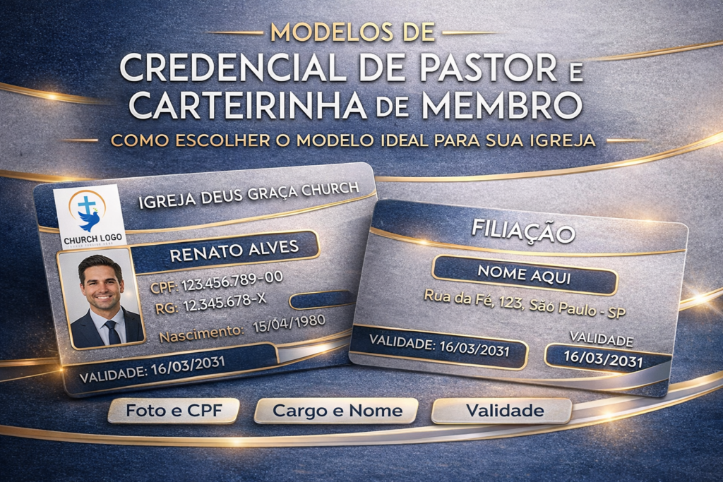 Modelos de credencial de pastor e carteirinha de membro em PVC para identificação de igrejas