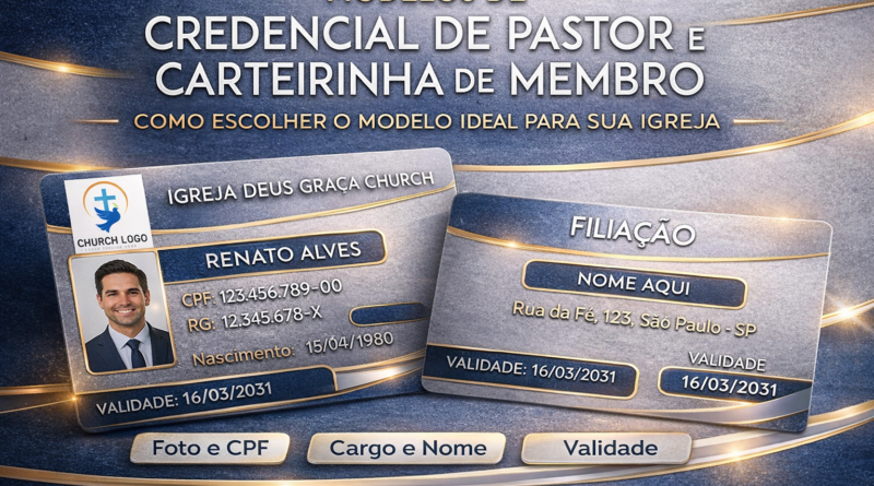 Modelos de credencial de pastor e carteirinha de membro em PVC para identificação de igrejas