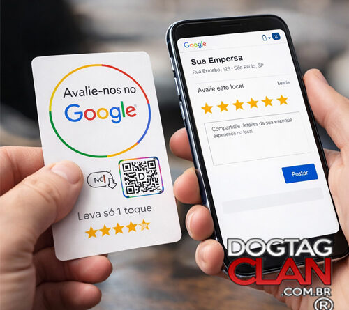Cartão Avaliação Google com NFC e QR Code sendo usado com celular aproximando para avaliação 5 estrelas