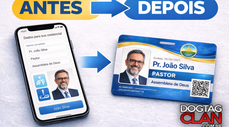 Carteirinha de pastor personalizada em PVC com foto, nome, igreja e QR Code pronta após preenchimento dos dados no celular