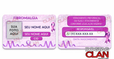 Carteirinha de fibromialgia personalizada em PVC com foto, nome, CID e telefone de emergência