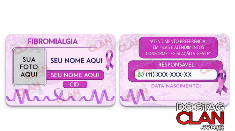 Carteirinha de fibromialgia personalizada em PVC com foto, nome, CID e telefone de emergência