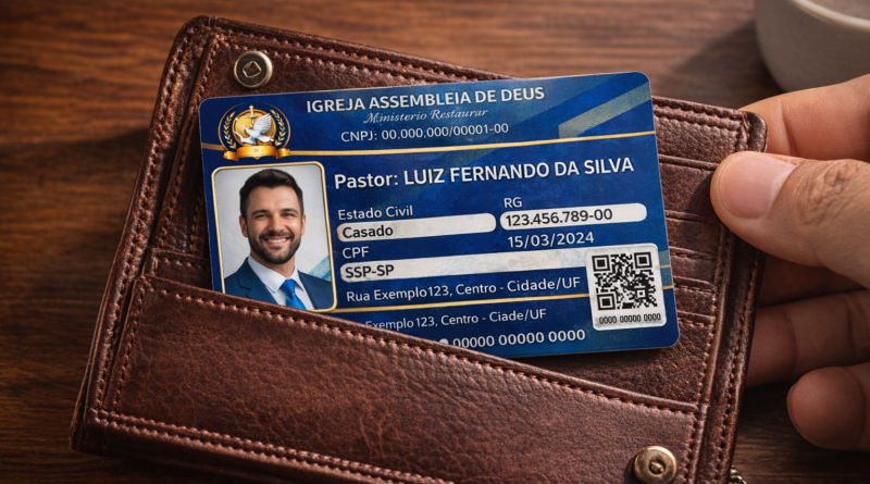 Carteirinha de pastor personalizada em PVC com foto, nome e identificação ministerial