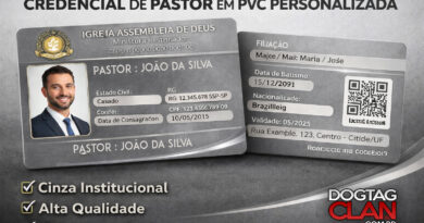 Credencial de pastor personalizada em PVC com foto nome igreja e dados ministeriais DogTagClan