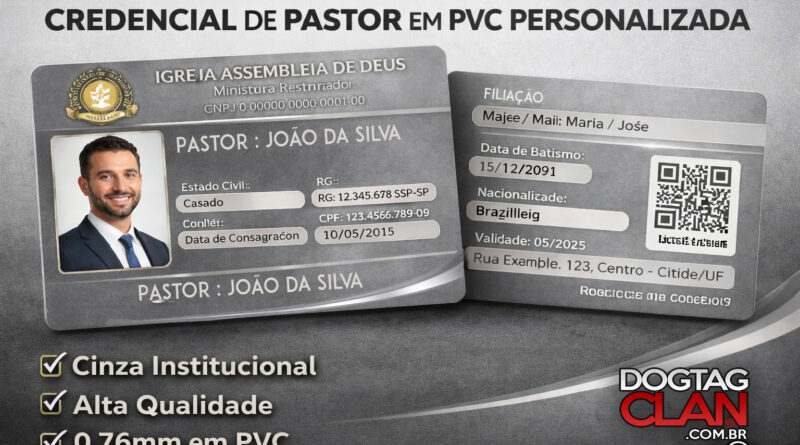 Credencial de pastor personalizada em PVC com foto nome igreja e dados ministeriais DogTagClan