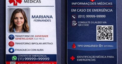 Crachá de identificação médica personalizado em PVC 0,76mm com nome, CID, contato de emergência e QR Code para laudo médico