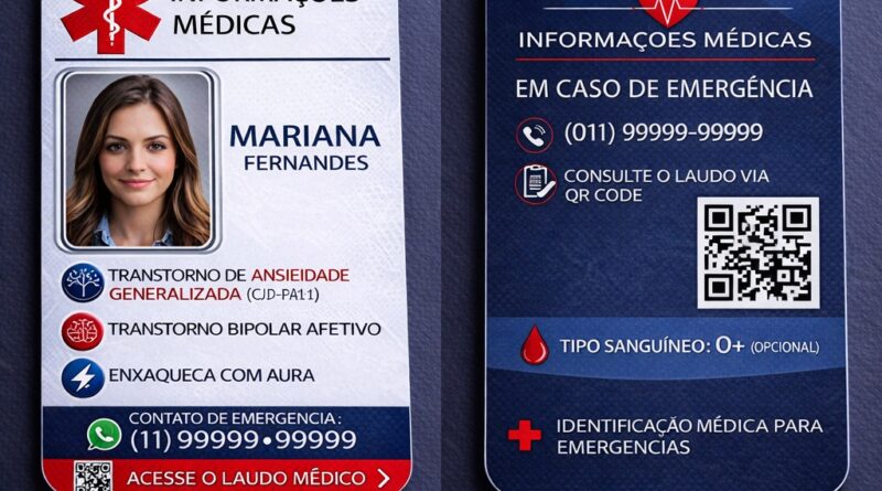 Crachá de identificação médica personalizado em PVC 0,76mm com nome, CID, contato de emergência e QR Code para laudo médico