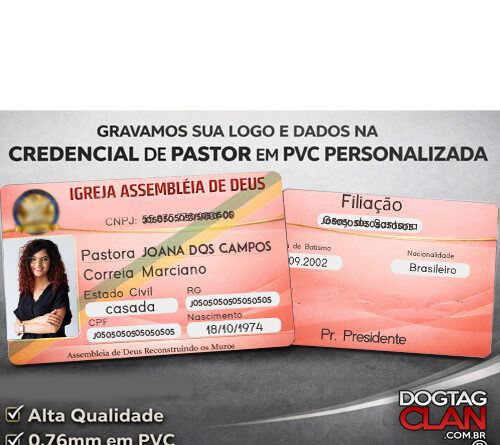 Credencial de pastor e carteirinha de membro em PVC cor salmão personalizada para igreja