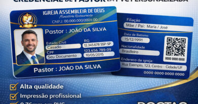 Credencial de pastor e carteirinha de membro personalizada em PVC 0,76mm com foto, QR Code e impressão profissional DTC ShieldPrint da DogTagClan