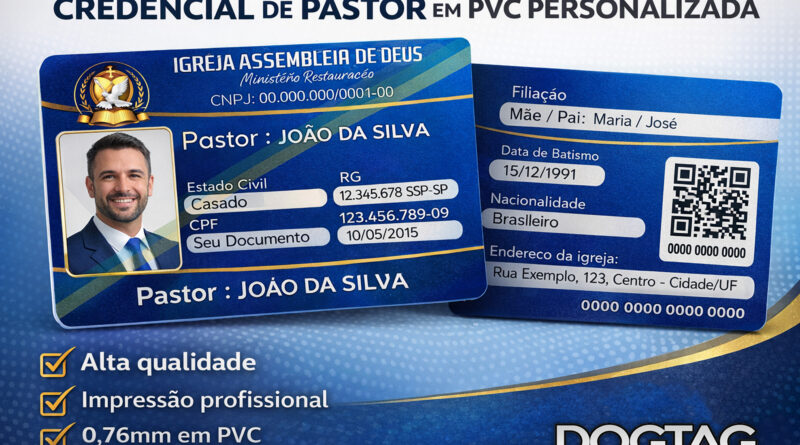 Credencial de pastor e carteirinha de membro personalizada em PVC 0,76mm com foto, QR Code e impressão profissional DTC ShieldPrint da DogTagClan