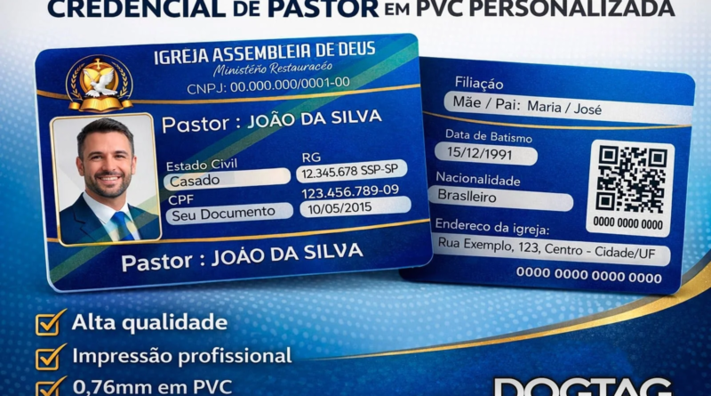 Modelo de credencial de pastor para imprimir com foto, nome e identificação ministerial da igreja