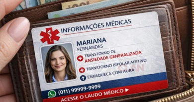 Cartão de informações médicas de emergência com nome, tipo sanguíneo, alergias e contato para uso na carteira
