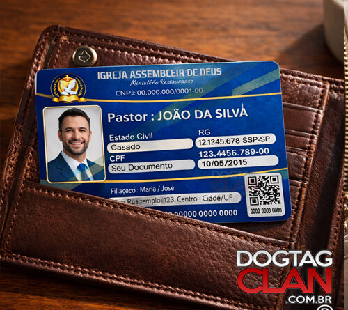 carteirinha de pastor em PVC personalizada com foto nome cargo e QR Code credencial pastoral DogTagClan