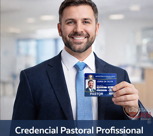 Carteirinha de pastor personalizada em PVC com foto, nome e dados da igreja, modelo profissional padrão cartão bancário
