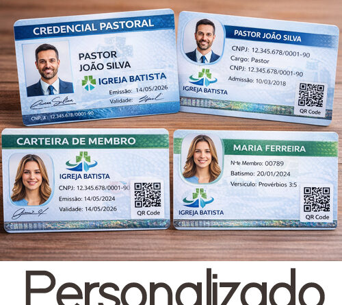Credencial de pastor e carteirinha de membro personalizada em PVC com nome da igreja e foto