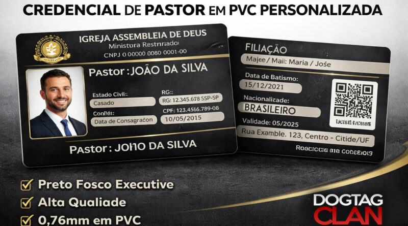 Credencial de pastor e carteirinha de membro em PVC com fundo preto fosco personalizada para igreja