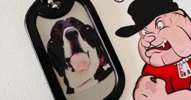 dog tag personalizada armada com gravação em aço inox, modelo militar com corrente de bolinha e acabamento resistente