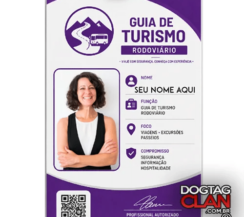 Crachá de guia de turismo personalizado em PVC com QR Code e NFC para avaliação no Google, contato via WhatsApp e redes sociais, identificação profissional durável