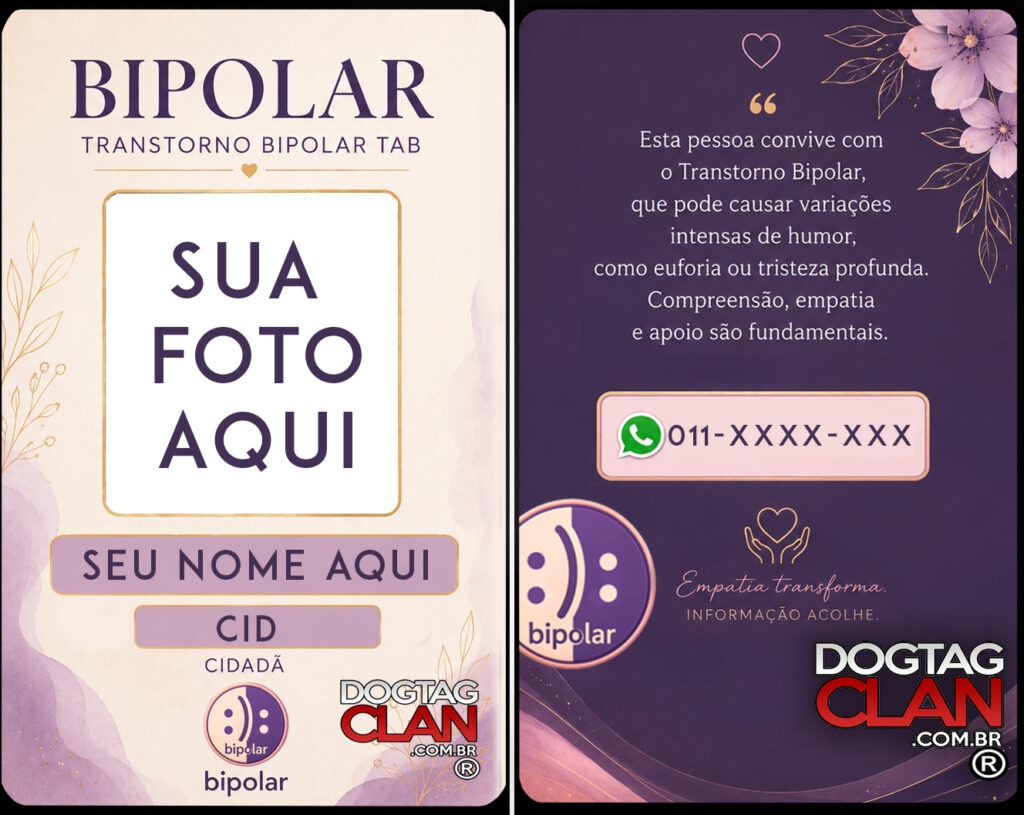 crachá transtorno bipolar feminino adulto personalizado com foto nome CID e QR Code identificação DogTagClan