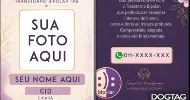 crachá transtorno bipolar feminino adulto personalizado com foto nome CID e QR Code identificação DogTagClan