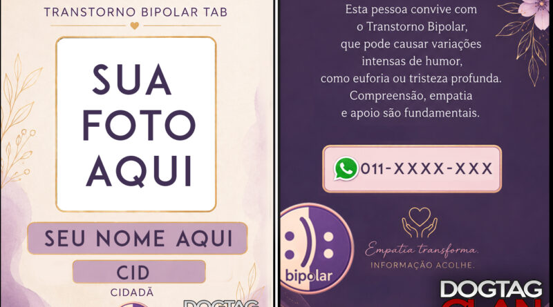 crachá transtorno bipolar feminino adulto personalizado com foto nome CID e QR Code identificação DogTagClan